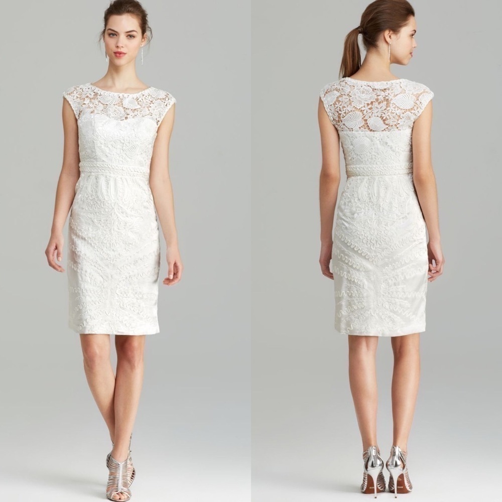 Sue Wong Cap Sleeve Eyelet Soutache Lace Dress White